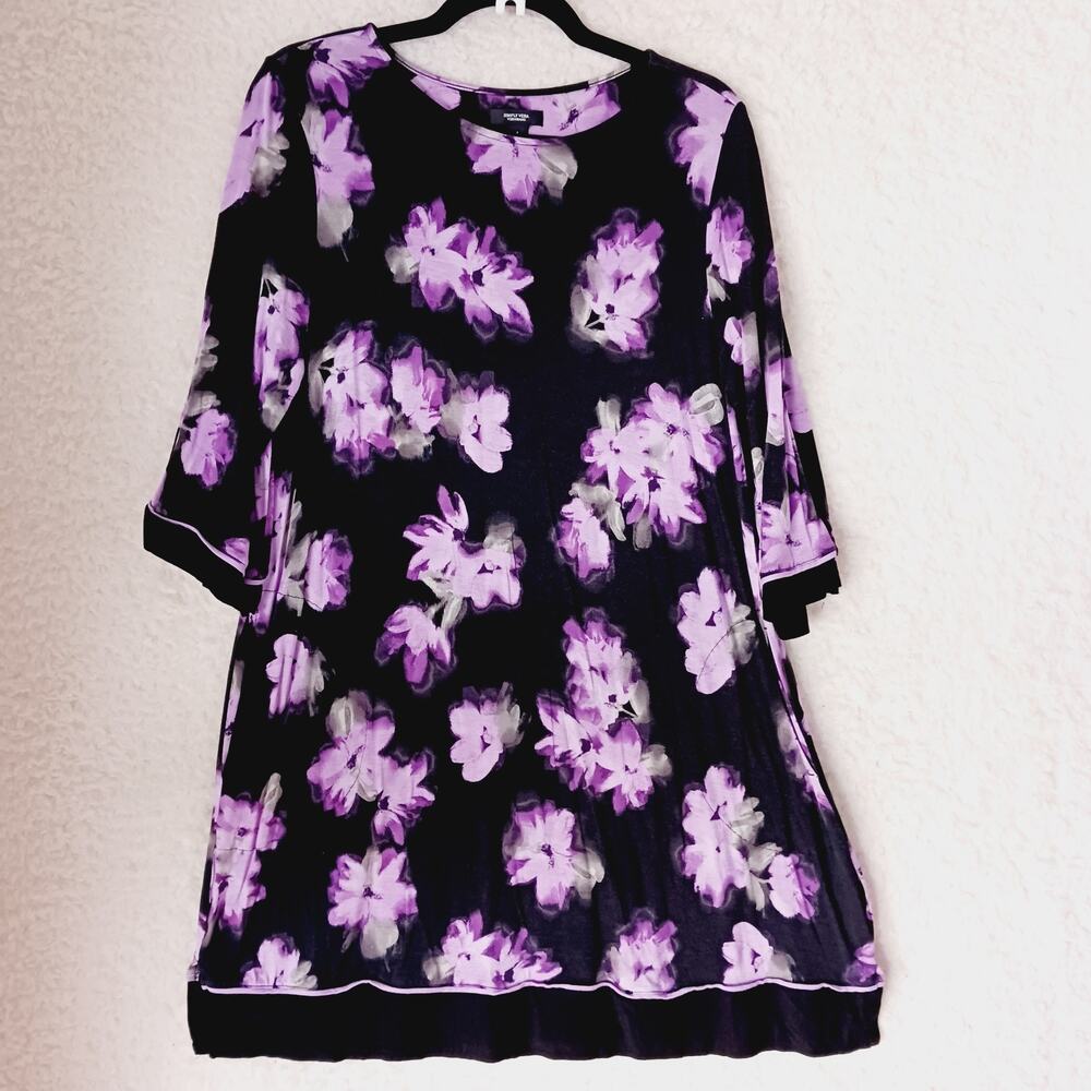 Dress Nightgown Satin Trim Purple Black Floral Long Sleeve Vera Wang Size L